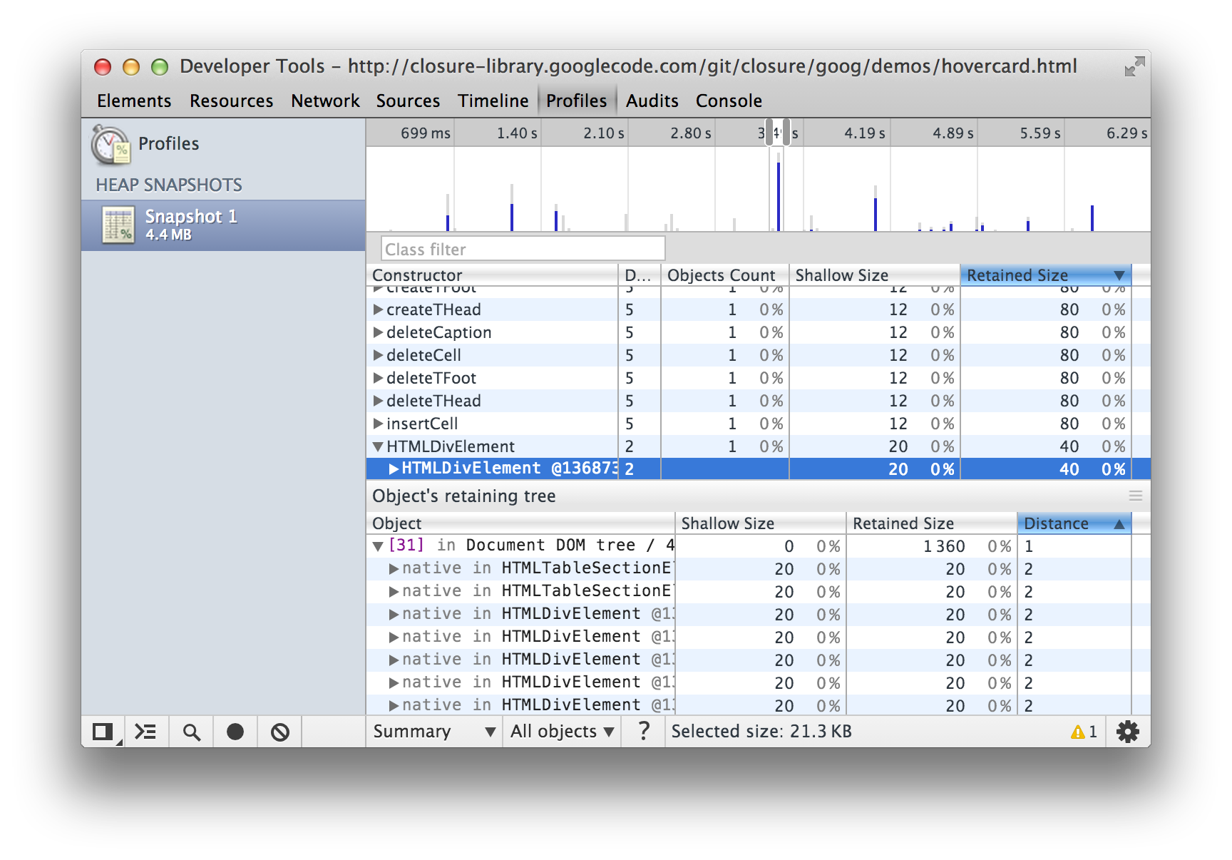 Chrome development tool JavaScript memory analysis