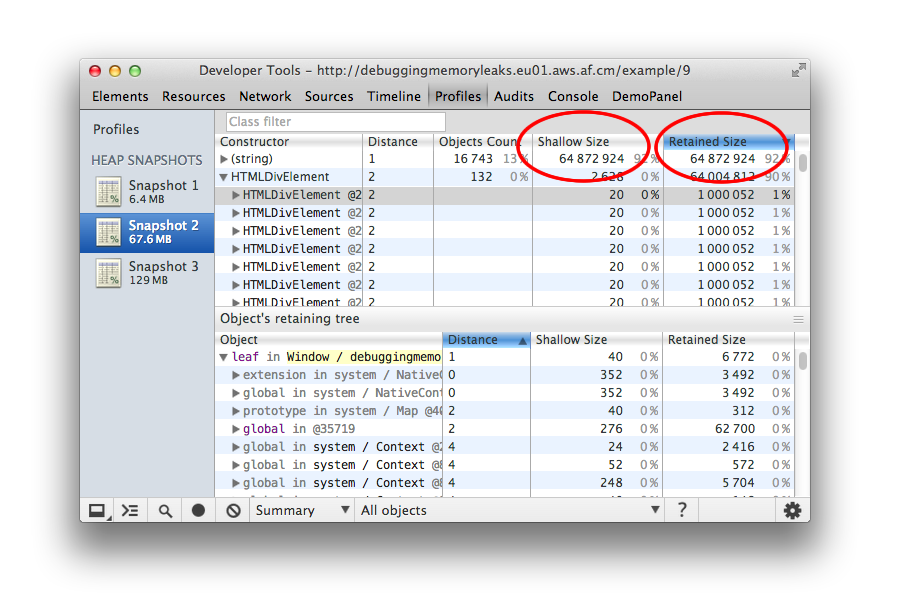 Chrome development tool JavaScript memory analysis